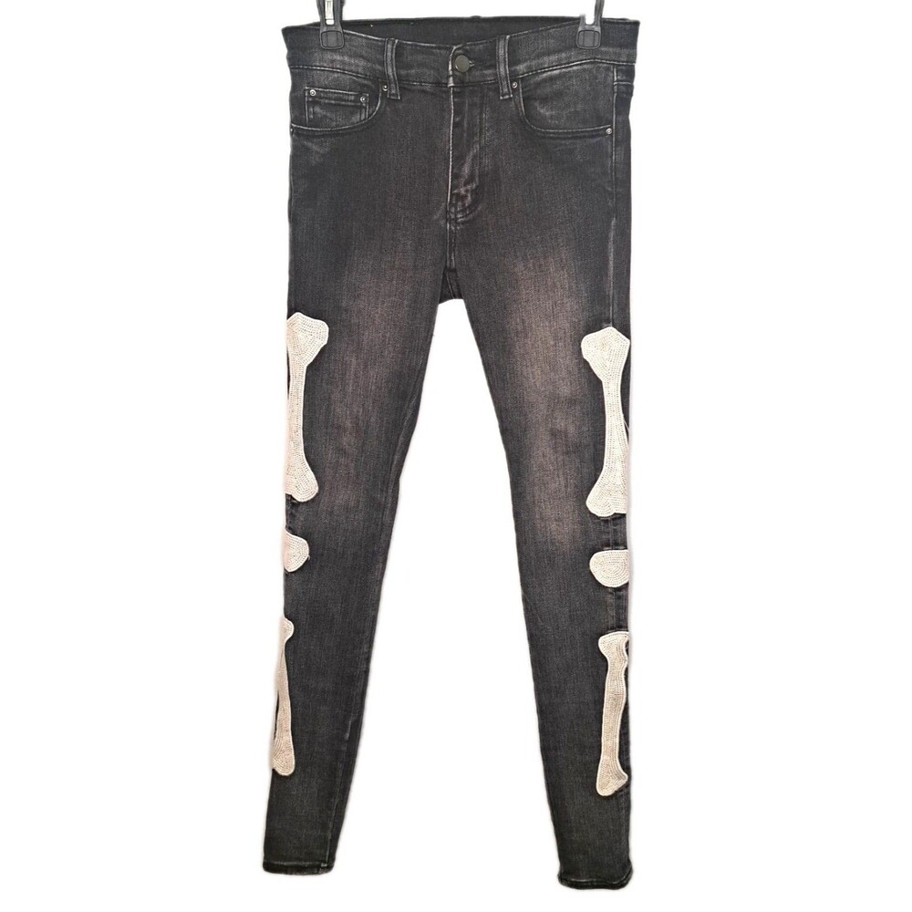 MNML Men’s Jeans Size 28 Black Slim Bones Embroidered Skeleton Black Denim